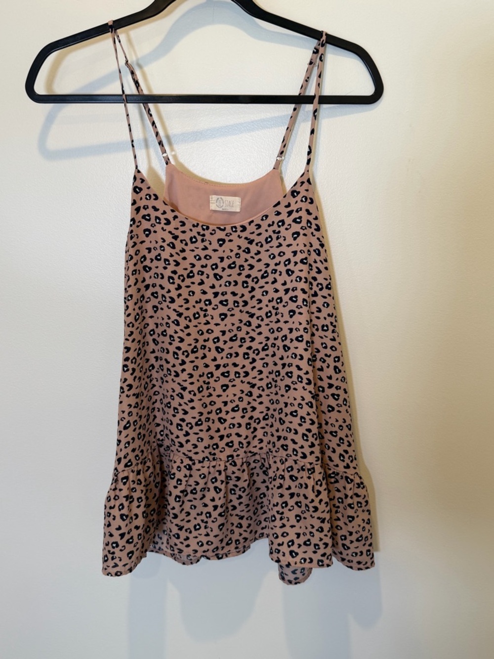 Blush Leopard Print Spaghetti Strap Ruffle Hem Tank Top